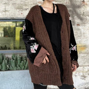 Floral-Sleeve Open-Front Cardigan