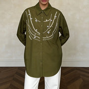 Beaded Drape-Detail Button Shirt