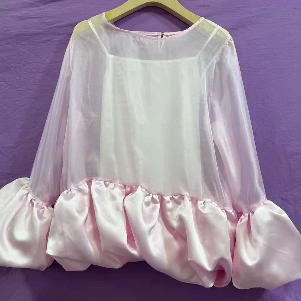 Sheer-Panel Balloon-Hem Blouse