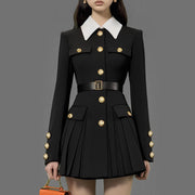 Contrast-Collar Pleated Mini Dress