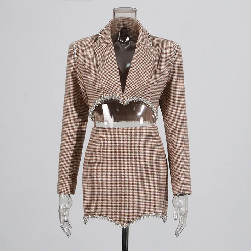 Checked Cropped Blazer and Skirt Set