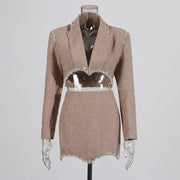 Checked Cropped Blazer and Skirt Set