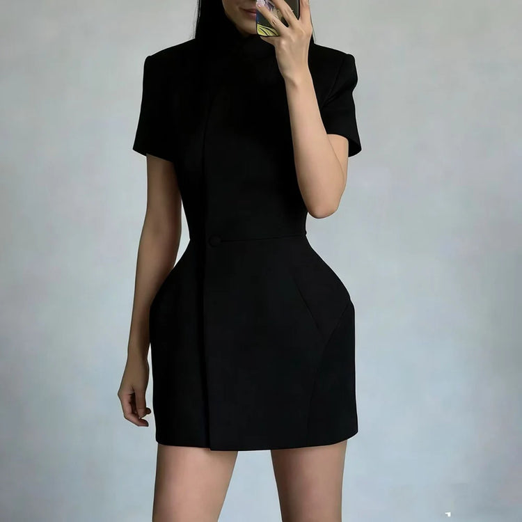 Stand-Collar Short-Sleeve Mini Dress