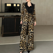 TWOTWINSTYLE Leopard Spliced Pocket Two Piece Set Female Lapel Long Sleeve Jacket American Retro Women's Trousers Set Autumn New