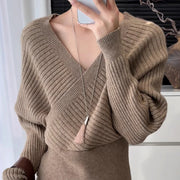 TWOTWINSTYLE Solid Spliced Lace Up Two Piece Set Female V Neck Long Sleeve Sweater Casual Lazy Women's Trousers Set Autumn New