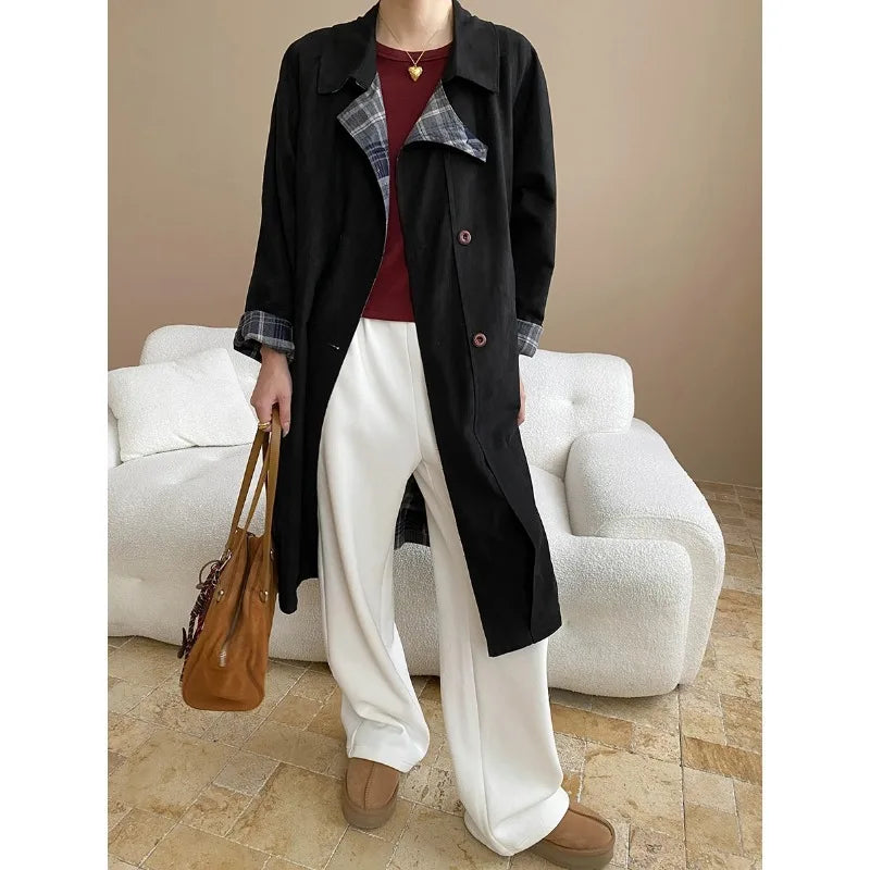 Plaid-Trim Longline Coat