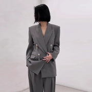TWOTWINSTYLE Gray Spliced Button Two Piece Set Female Lapel Long Sleeve Jacket Office Lady Women's Pants Set Autumn Fashion New