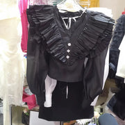 Pleated-Ruffle V-Neck Cropped Blouse