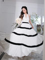Contrast-Trim Tiered Halter Dress