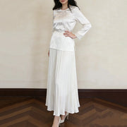 TWOTWINSTYLE Solid Elegant Two Piece Sets for Women O Neck Long Sleeves Patchwork Chain Top Patchwork Folds Skirt Set Female New