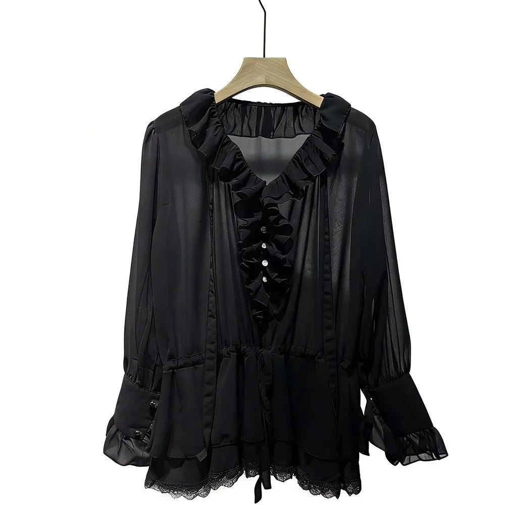 Ruffle-Front Drawstring Blouse