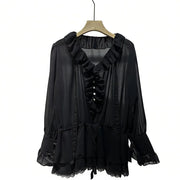 Ruffle-Front Drawstring Blouse