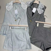 Lace-Collar Vest and Shorts Set