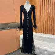 Fringed-Cuff Split-Hem Long Dress