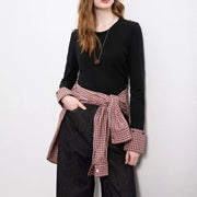 Checked-Cuff Long-Sleeve Top