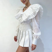 Pleated-Ruffle V-Neck Cropped Blouse