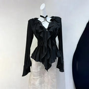 Ruffled V-Neck Flared-Cuff Blouse