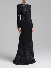 Floral-Lace Long-Sleeve Long Dress