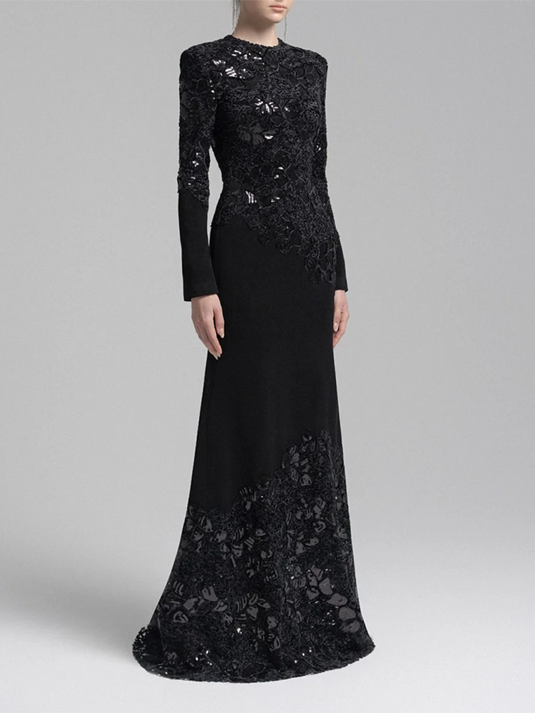 Floral-Lace Long-Sleeve Long Dress