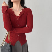 Lace-Trim Ribbed Button Cardigan
