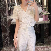 TWOTWINSTYLE Solid Sheer Two Piece Sets for Women V Neck Short Sleeve Spliced Single Breasted Top High Waist Pant Set Female New