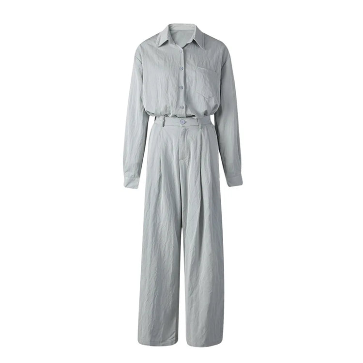 Collared Shirt and Wide-Leg Pants Set