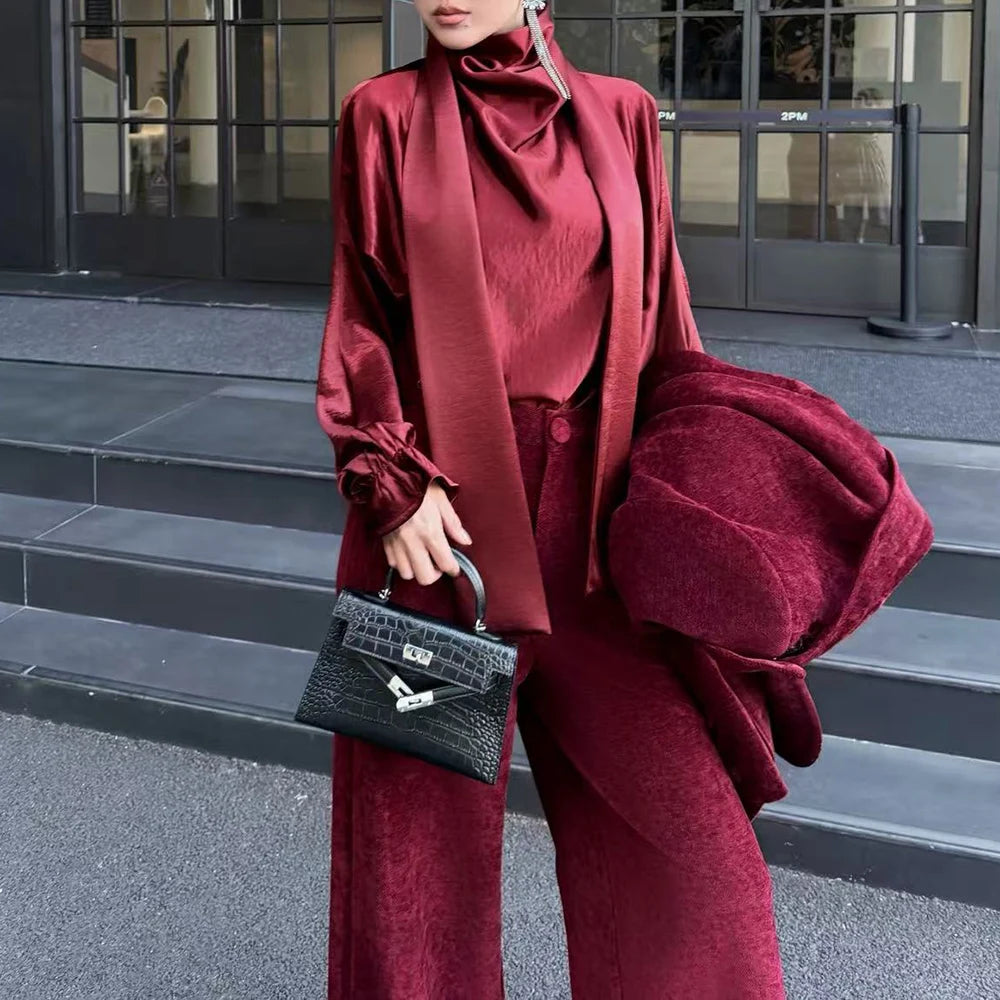 Glossy Tie-Neck Blouse