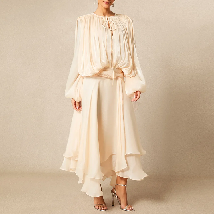 Blouson-Sleeve Asymmetric-Hem Dress