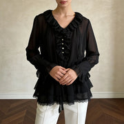 Ruffle-Front Drawstring Blouse
