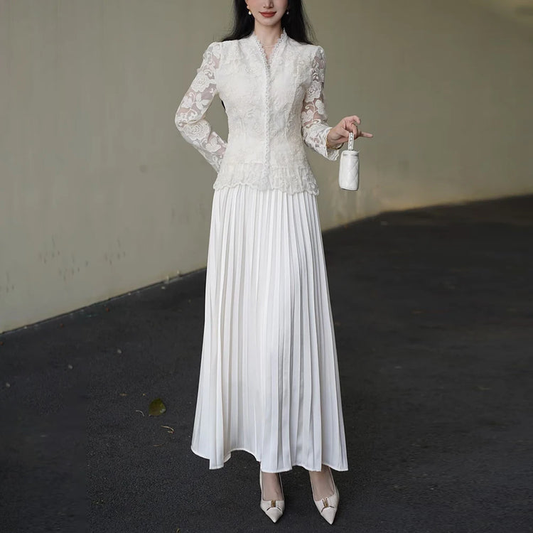 TWOTWINSTYLE Solid Spliced Lace Two Piece Set Female V Neck Long Sleeve Jacket Elegant Intellectual Women's Skirt Set Autumn New
