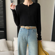 Button-Neck Relaxed Long-Sleeve Top