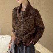 Wide-Collar Zip-Up Cardigan