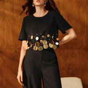Disc-Embellished Top or Wide-Leg Pants