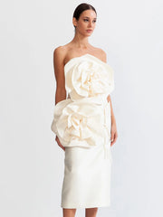Oversized-Rosette Strapless Midi Dress