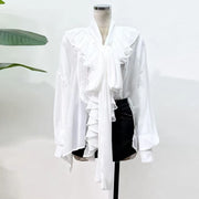 Ruffle-Front Bow-Neck Blouse