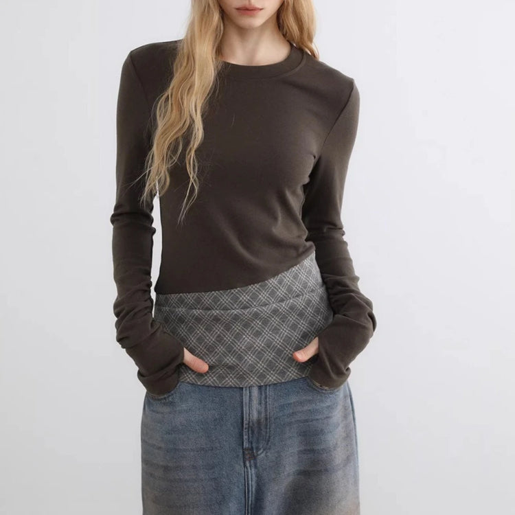 Plaid-Hem Long-Sleeve Top