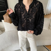 Textured Floral Long-Sleeve Blouse