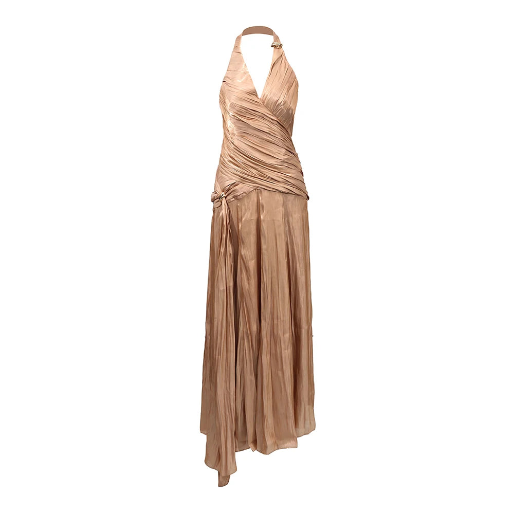 Pleated V-Neck Long Dress