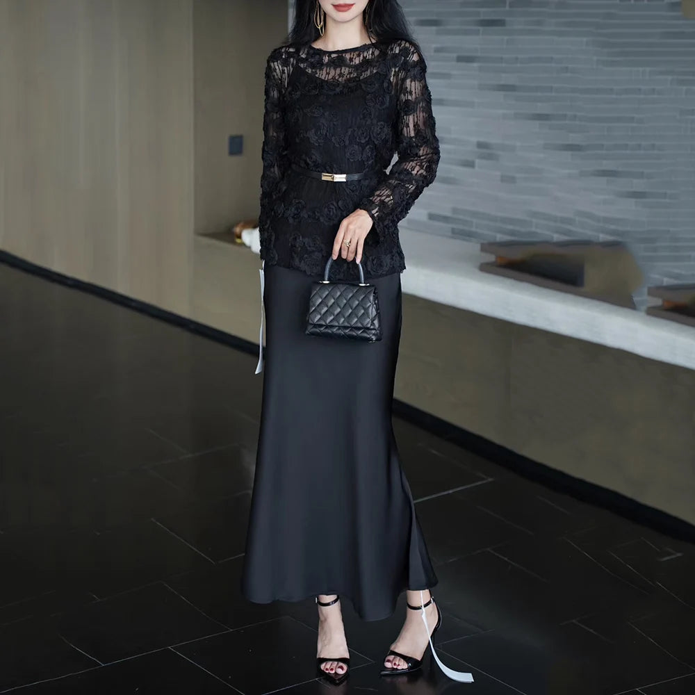 TWOTWINSTYLE Solid Spliced Flower Two Piece Set Female O Neck Long Sleeve Perspective Sweet Shirt Women's Skirt Set Summer New