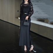 TWOTWINSTYLE Solid Spliced Flower Two Piece Set Female O Neck Long Sleeve Perspective Sweet Shirt Women's Skirt Set Summer New
