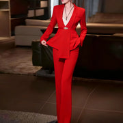 TWOTWINSTYLE Solid Spliced Sashes Two Piece Set Female Lapel Long Sleeve Jacket Office Commute Women's Trousers Set Fashion New