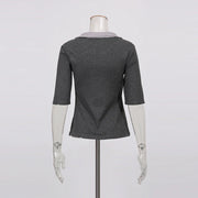 Contrast-Collar Lace-Up Top
