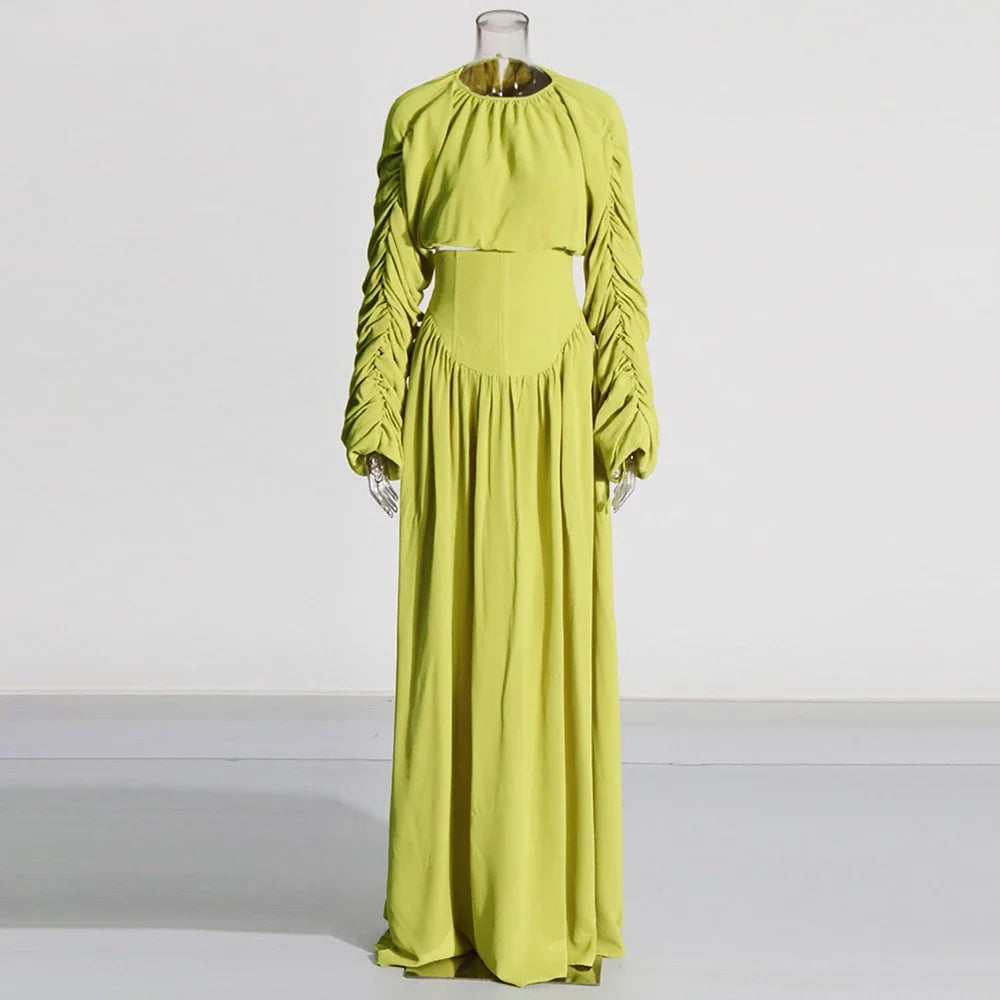 Ruched-Sleeve Top and Long Skirt Set