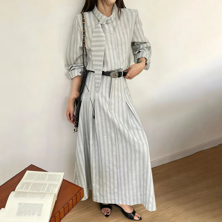TWOTWINSTYLE Fashion Striped Two Piece Sets for Women Round Neck Long Sleeves Top High Waist Spliced Folds Skirt Set Female New