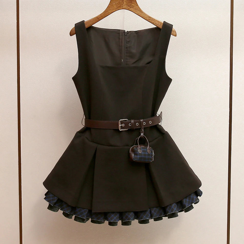 Square-Neck Pleated Mini Dress