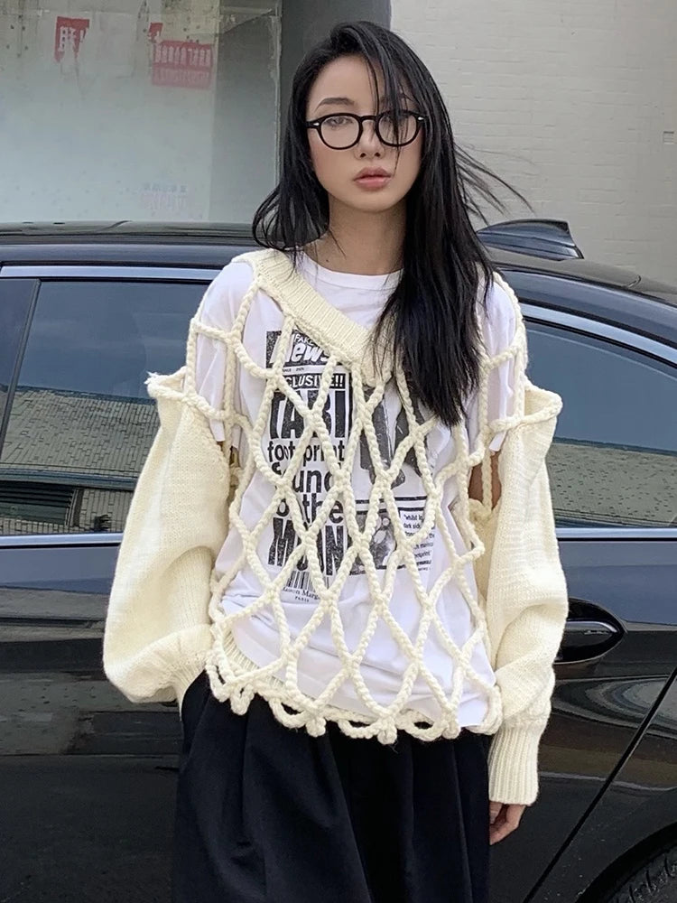 Openwork V-Neck Sweater