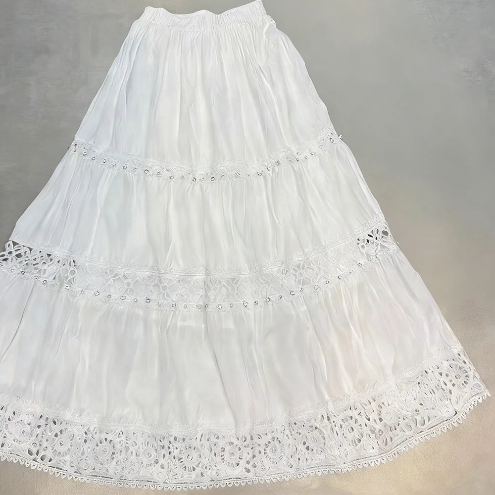 Lace-Trim Tiered Midi Skirt