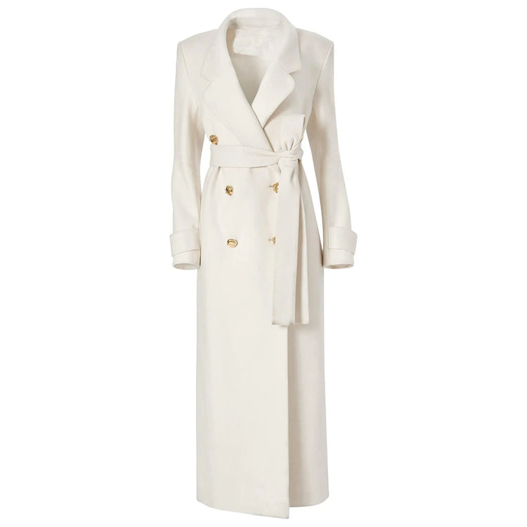 Tie-Waist Double-Breasted Long Coat