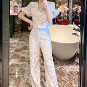 TWOTWINSTYLE Solid Sheer Two Piece Sets for Women V Neck Short Sleeve Spliced Single Breasted Top High Waist Pant Set Female New