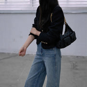 Round-Neck Cropped Button-Front Jacket